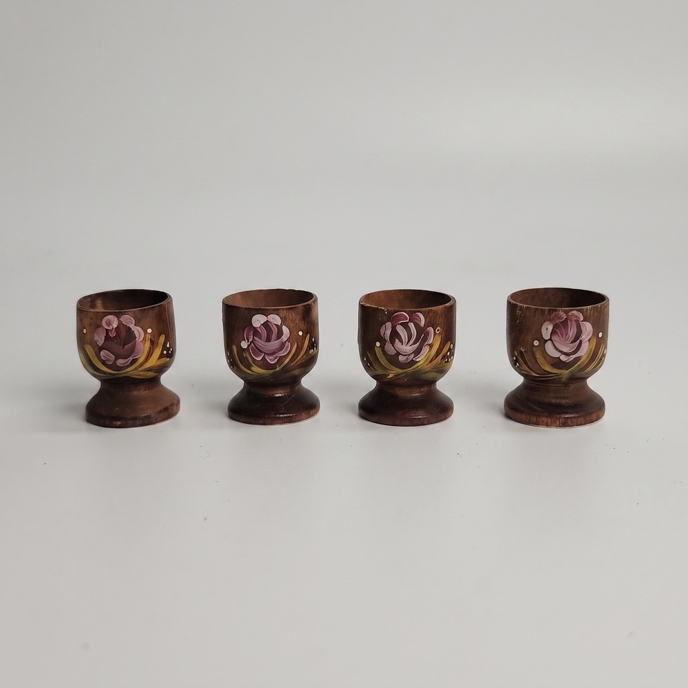 Vintage Hand Painted Wooden Egg Cups Set 4 Floral Rose Folk Art Dark Wood MCM